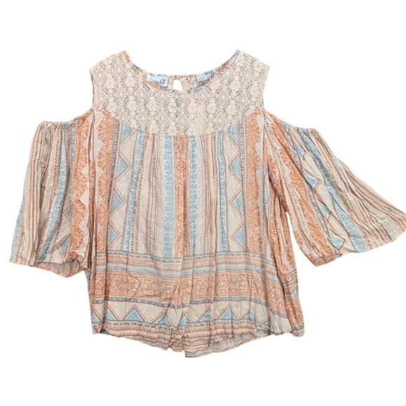 Emma G Cold Shoulder Top Crochet Lace Peasant Boho Tunic Rayon Womens Size L NWT - Picture 1 of 11